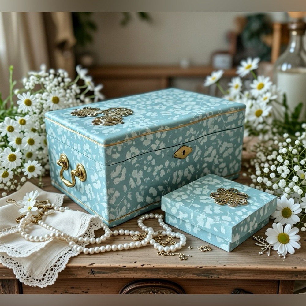 Cottagecore Jewelry Box Vintage Upcycled Duck Egg Green Floral Stencil